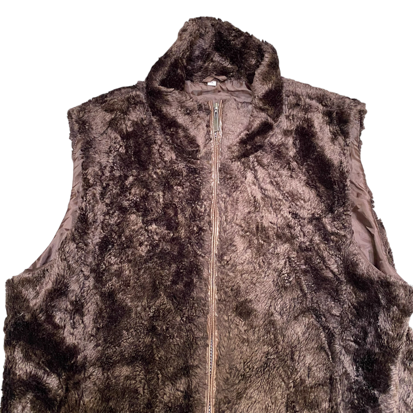 Womens Faux Fur Vest XL Chocolate Brown Fuzzy Sleeveless Mock Neck Full Zipper