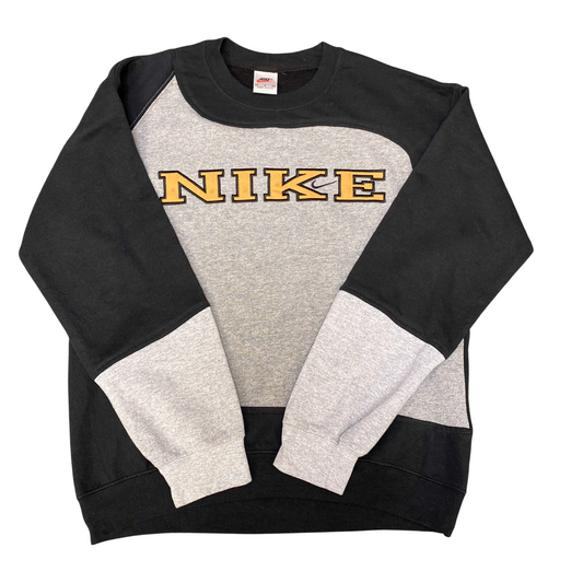 Nike Reworked Sweatshirt Mens Medium Black Grey Embroidered Spell Out Logo Y2K