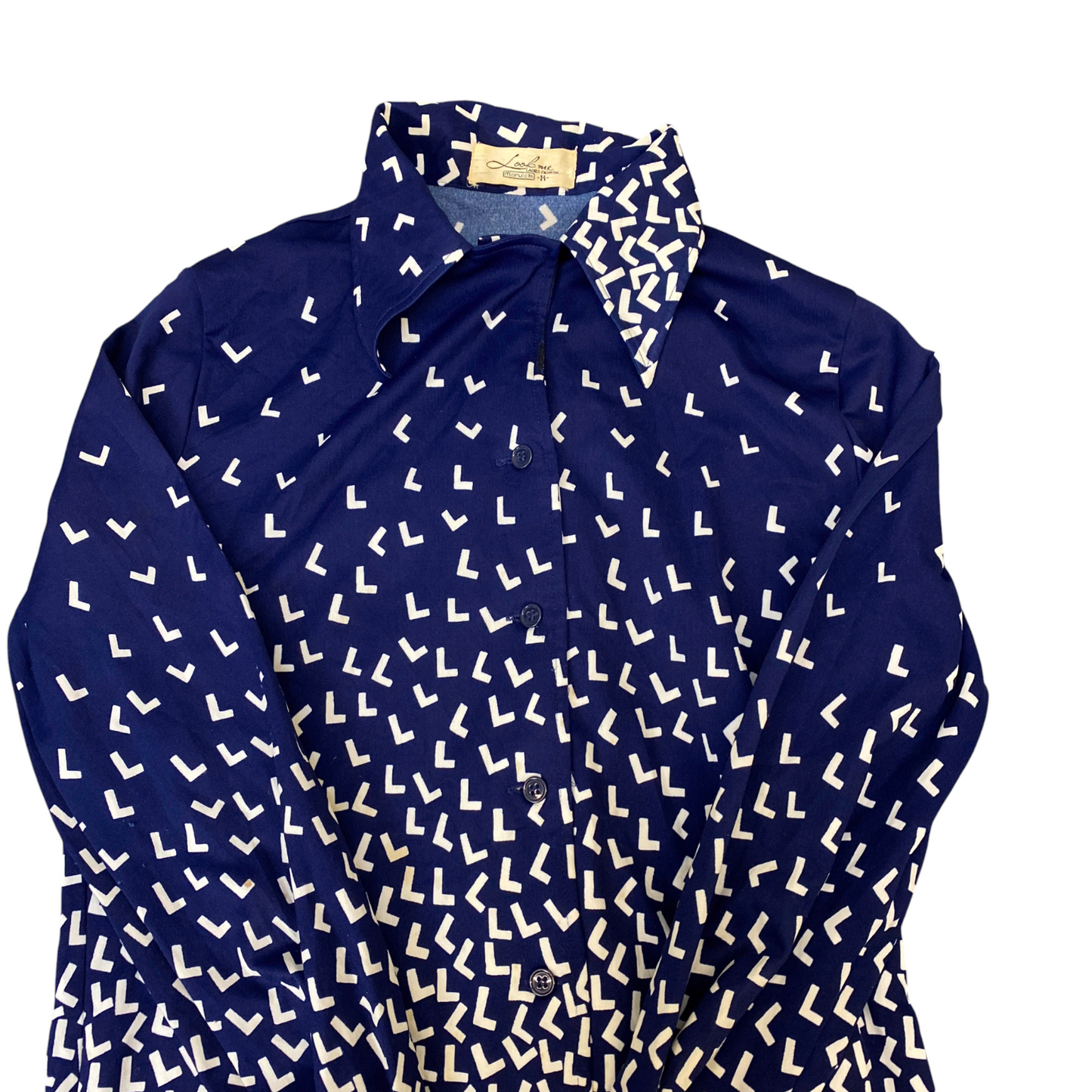 Look Me Shirt Top Womens S Blue White Geometric Long Sleeve Collared Button Up