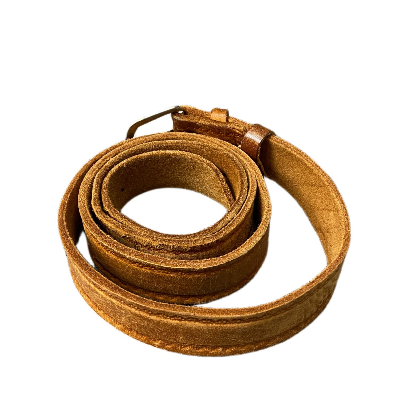 Vintage Waist Belt Mens Tan Leather Stitched Edge Silver Pin Buckle 51.5 Inches