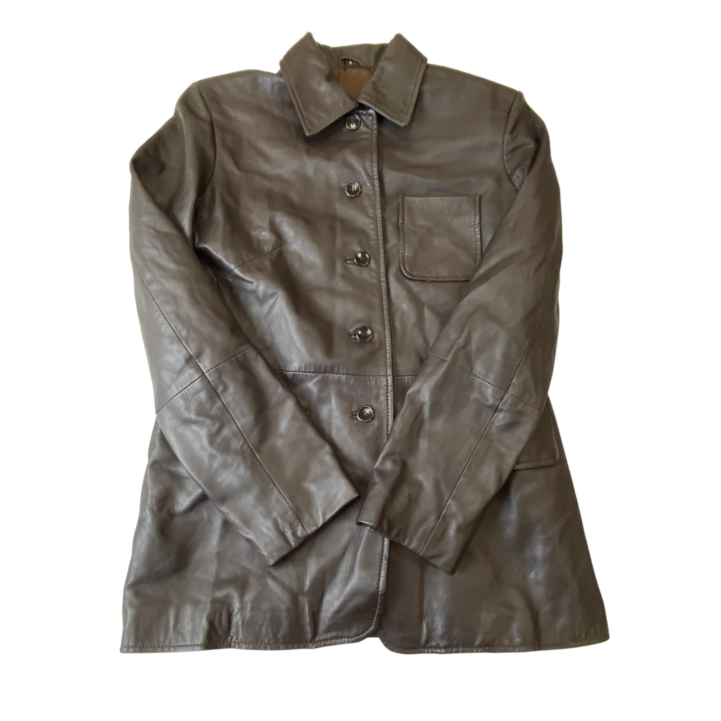 Womens Leather Jacket Small Brown Lined Classic Soft Winter Collar Button Front