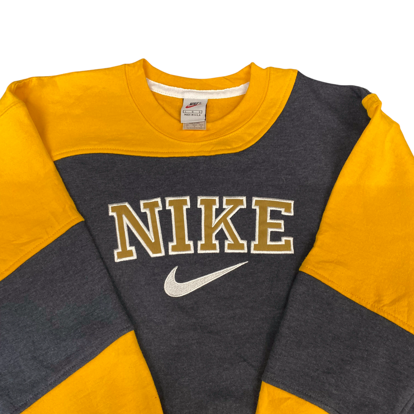Nike Reworked Sweatshirt Mens L Grey Yellow Embroidered Spellout Logo Vtg Y2K