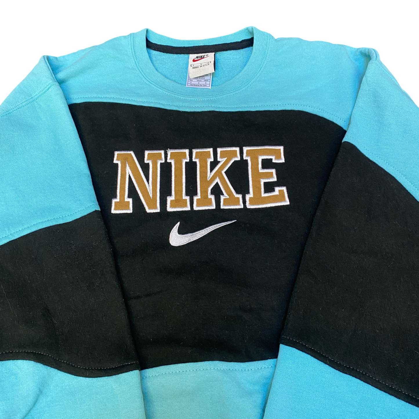 Nike Reworked Sweatshirt Mens S Aqua Black Embroidered Spellout Logo Vintage Y2K