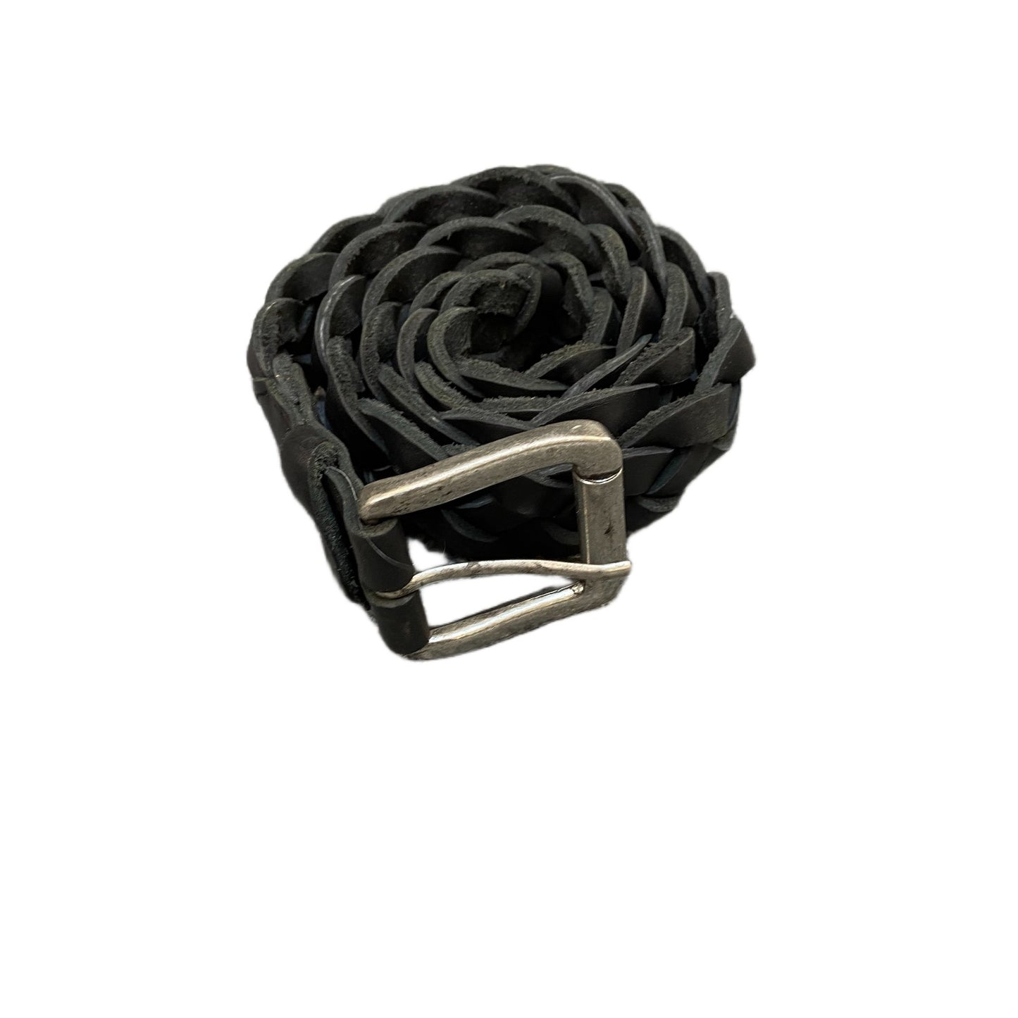 Waist Belt Mens Black Leather Braided Woven Silver Roller Buckle 40 Inches