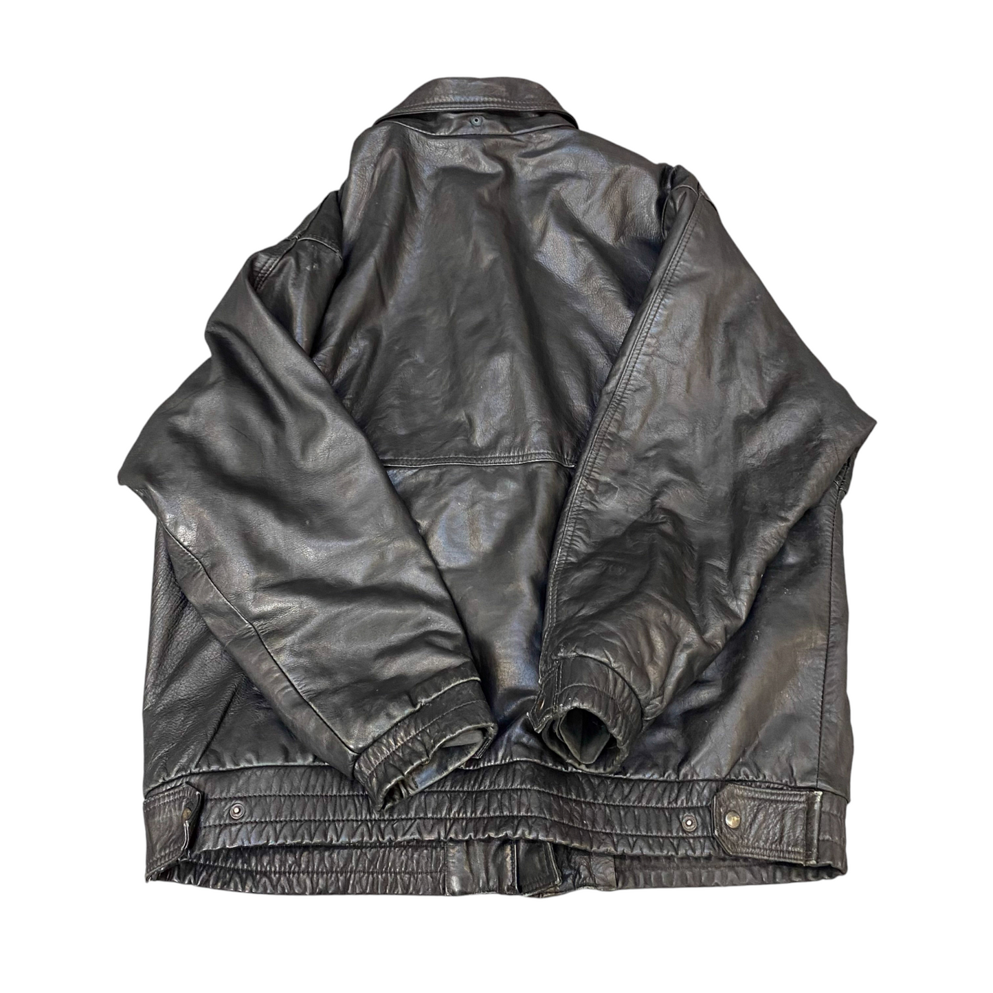 Mens Leather Jacket Large Black Lined Collared Snap Button Elasticated Hem