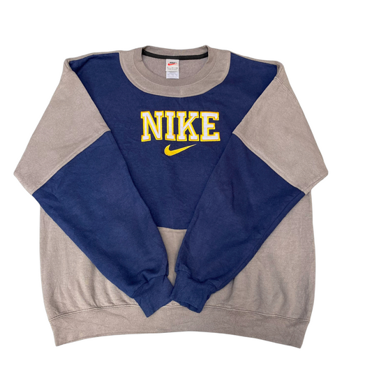 Nike Reworked Sweatshirt Mens XL Brown Blue Embroidered Spellout Logo Vtg Y2K