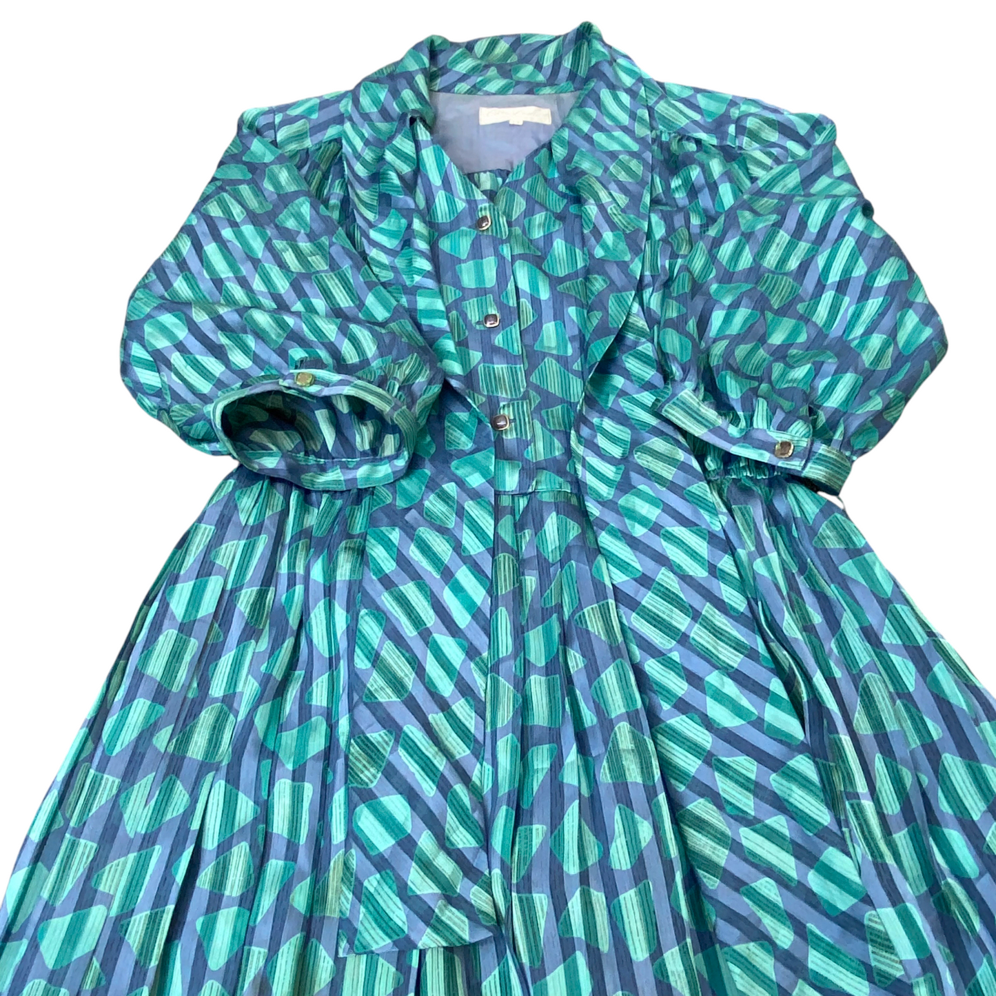 Caro Lanian A Line Dress Womens L Green Blue Geometric Pleated Button Front