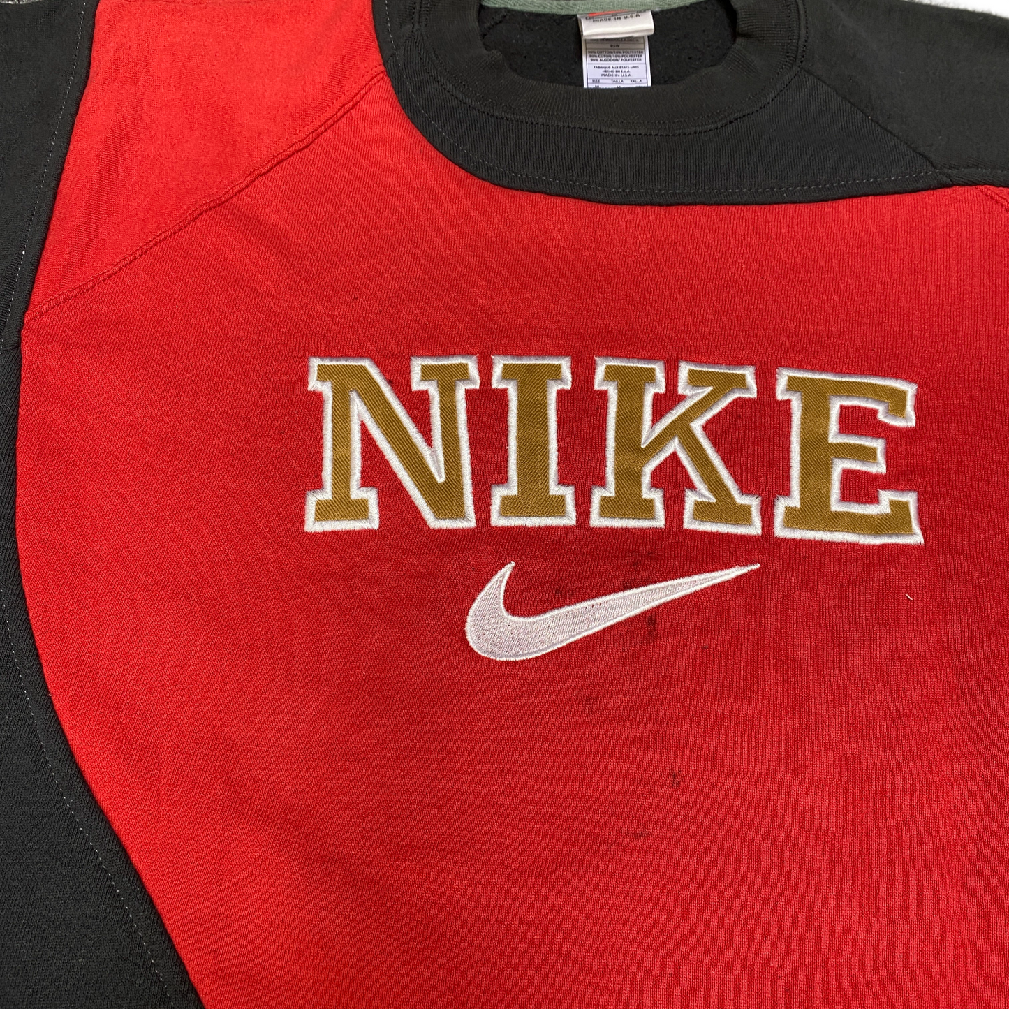 Nike Reworked Sweatshirt Mens M Red Black Embroidered Spellout Logo Vintage Y2K