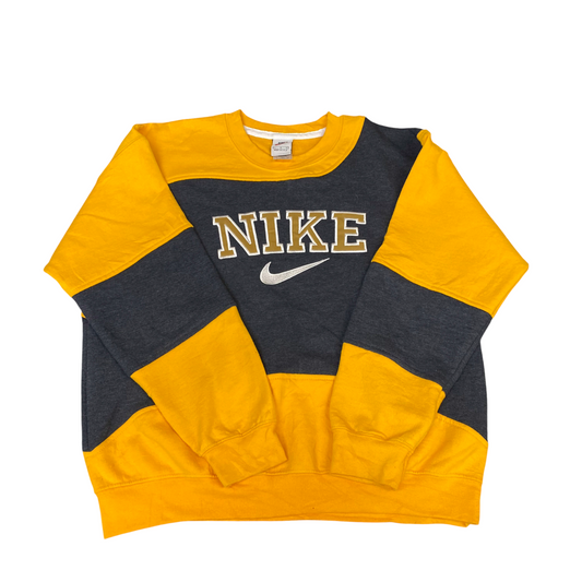 Nike Reworked Sweatshirt Mens L Grey Yellow Embroidered Spellout Logo Vtg Y2K