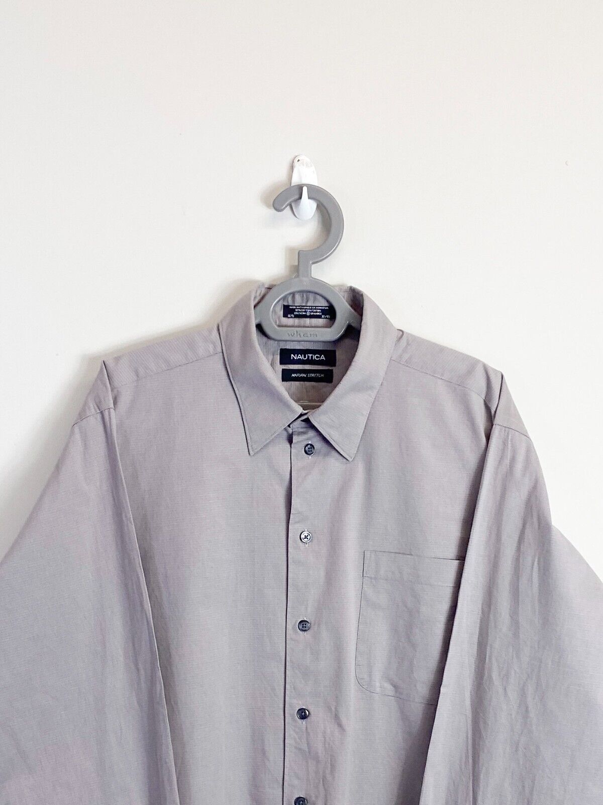Nautica Dress Shirt Mens L Grey Natural Stretch Long Sleeve Collar Button Down