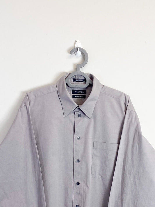 Nautica Dress Shirt Mens L Grey Natural Stretch Long Sleeve Collar Button Down