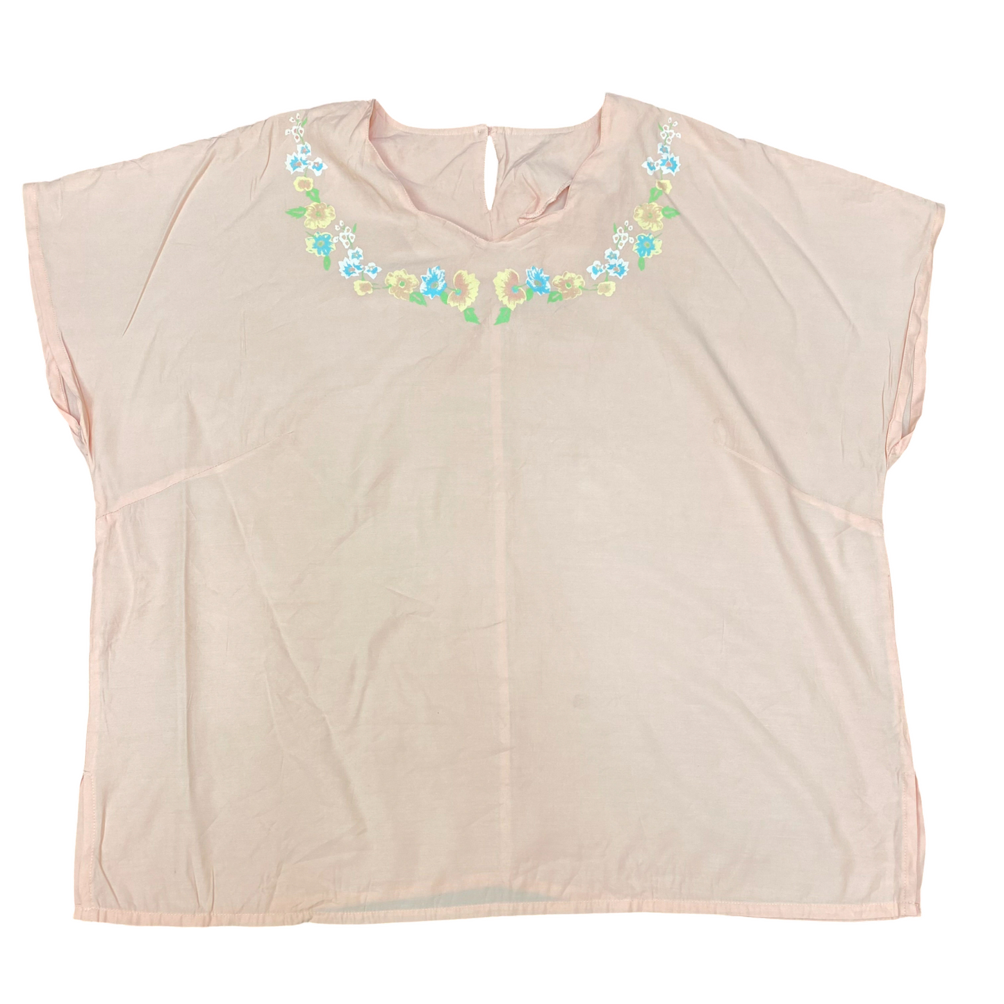 Blouse Top Womens L Pink Cap Sleeve Embroidered Round Neck Keyhole Back Pullover