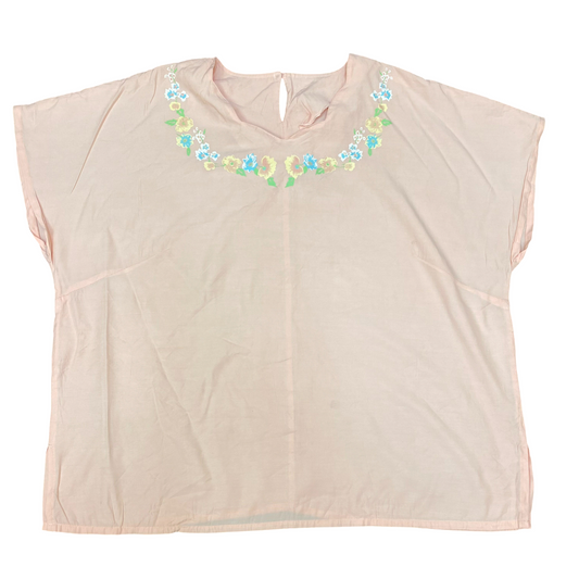 Blouse Top Womens L Pink Cap Sleeve Embroidered Round Neck Keyhole Back Pullover