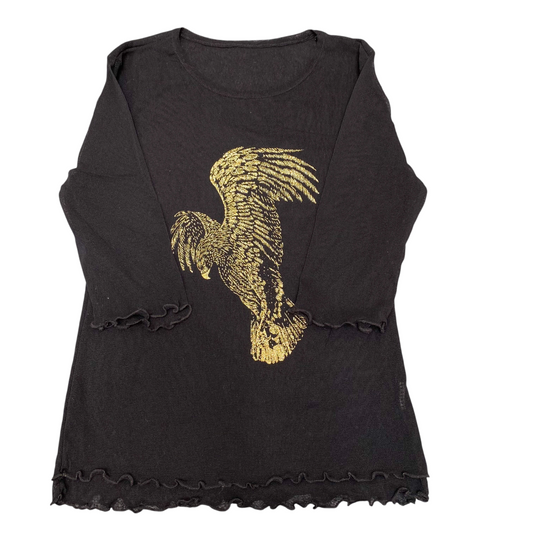 Sheer Mesh Top Womens S Black Eagle Print Casual Long Sleeve Round Neck Pullover