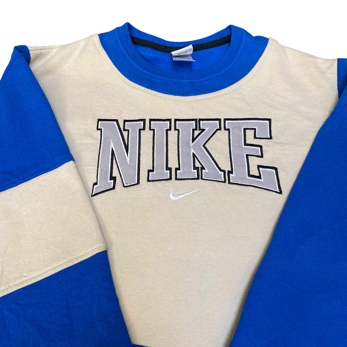 Nike Reworked Sweatshirt Mens L Blue Beige Embroidered Spellout Logo Vintage Y2K