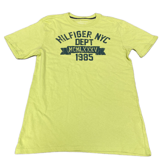 Tommy Hilfiger T-Shirt Womens XL Yellow MCMLXXXV 1985 Graphic Print Crewneck Tee