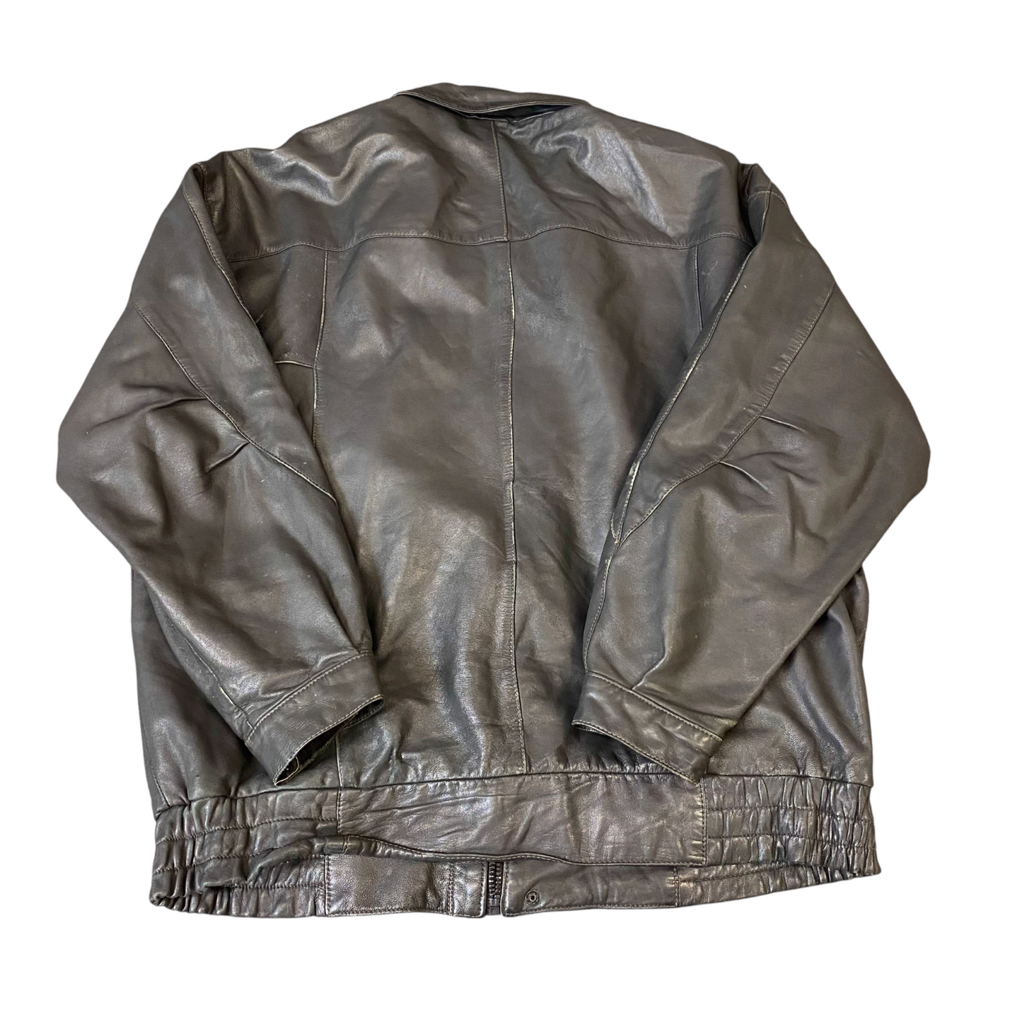 Mens Faux Leather Jacket Large Grey Lined Long Sleeve Collared Snap Inside Zip