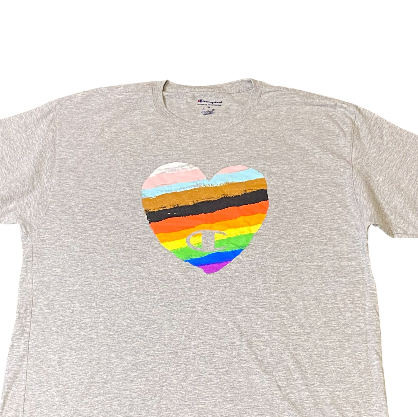 Champion Tee Shirt Mens XL Grey Heather Rainbow Heart Authentic Fit Pullover