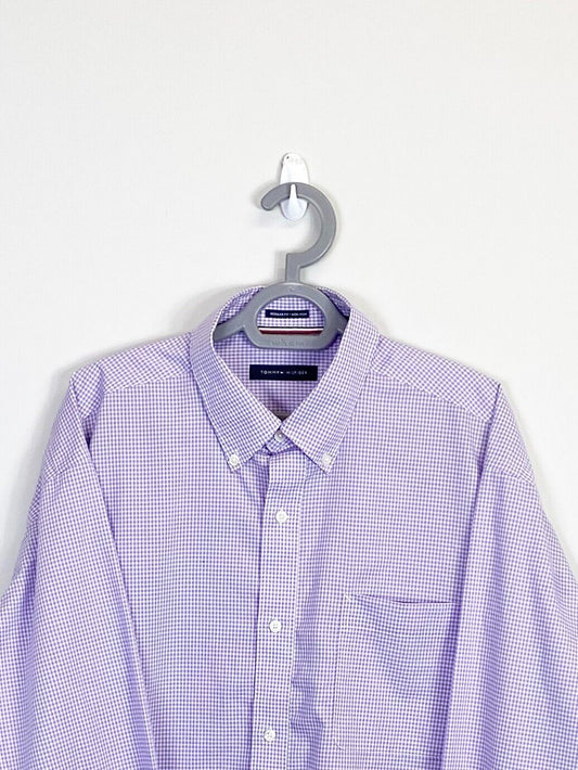 Tommy Hilfiger Shirt Men XL Purple Checkered Pockets Casual Collared Button Down