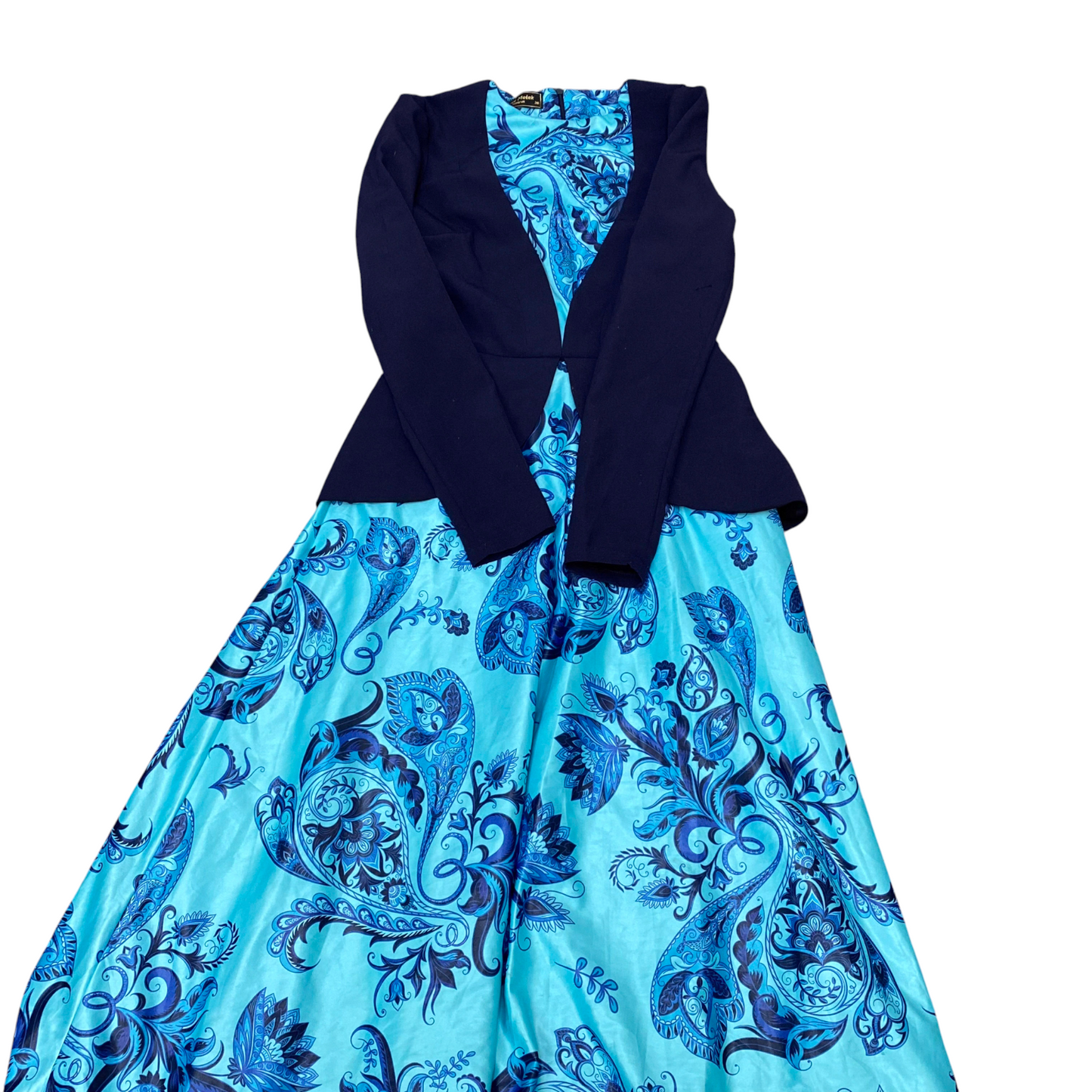 Ayse Melek Maxi Dress Womens S Blue Paisley Floral Flared Round Neck Back Zip