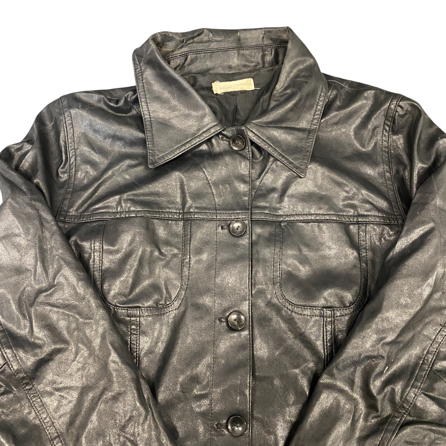 Promod Leather Blazer Jacket Womens M Black Long Sleeve Collared Button Front