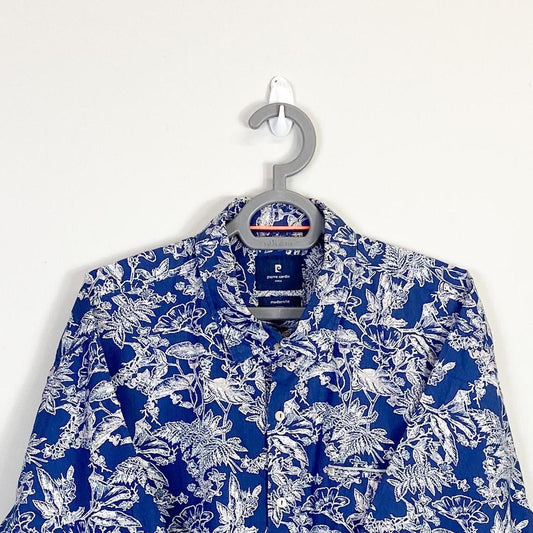 Pierre Cardin Short Sleeve Shirt Mens XL Blue Floral Collared Button Down Modern Fit