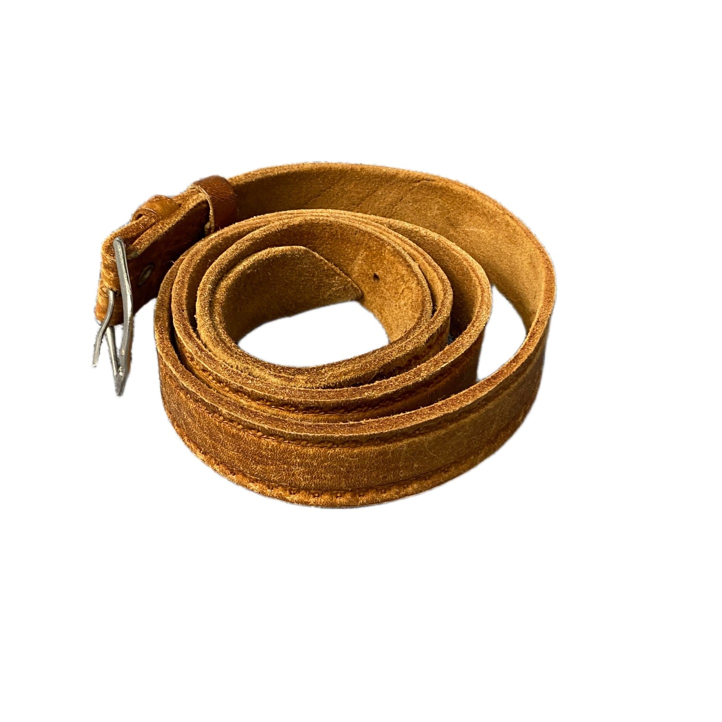 Vintage Waist Belt Mens Tan Leather Stitched Edge Silver Pin Buckle 51.5 Inches