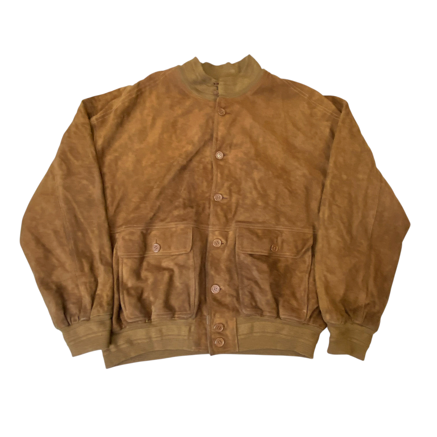 Bomber Jacket Mens XL Brown Suede Leather Pockets Long Sleeve Button Front