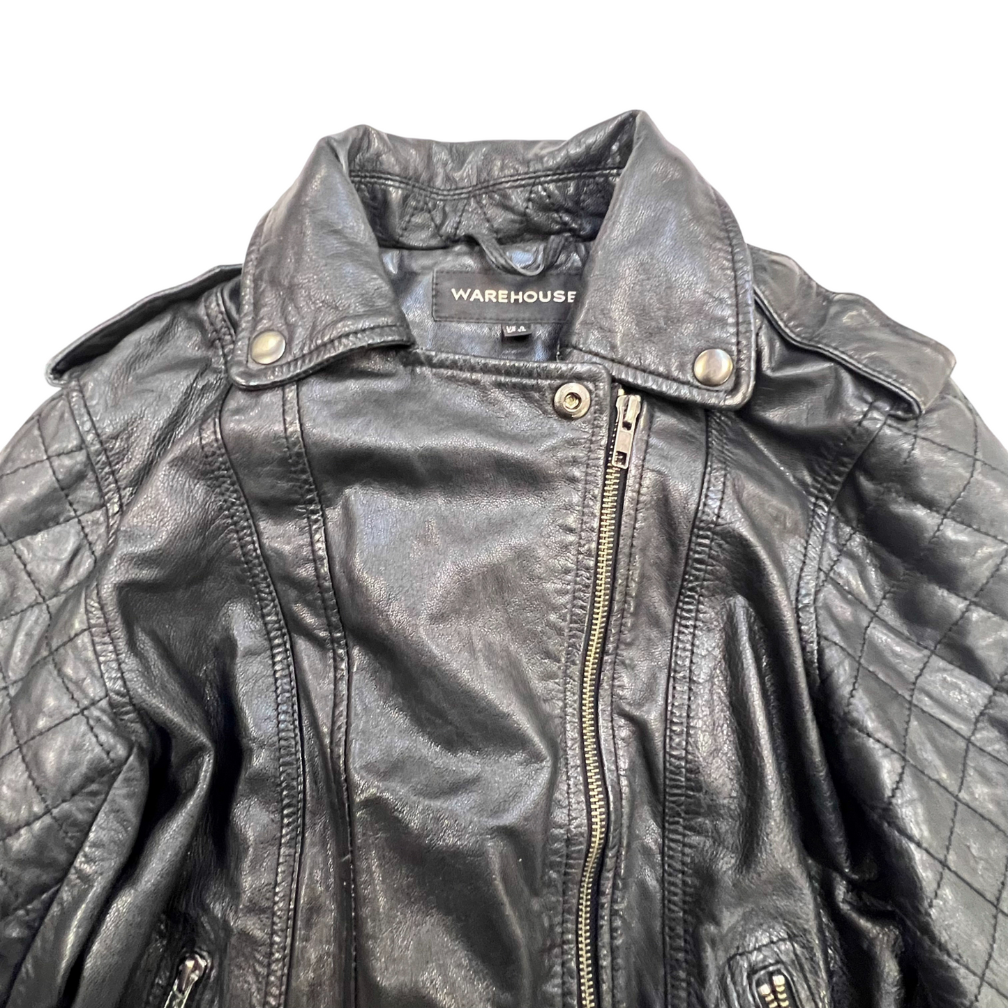 Warehouse Leather Biker Jacket Womens S Black Lined Collared Asymmetrical Zip