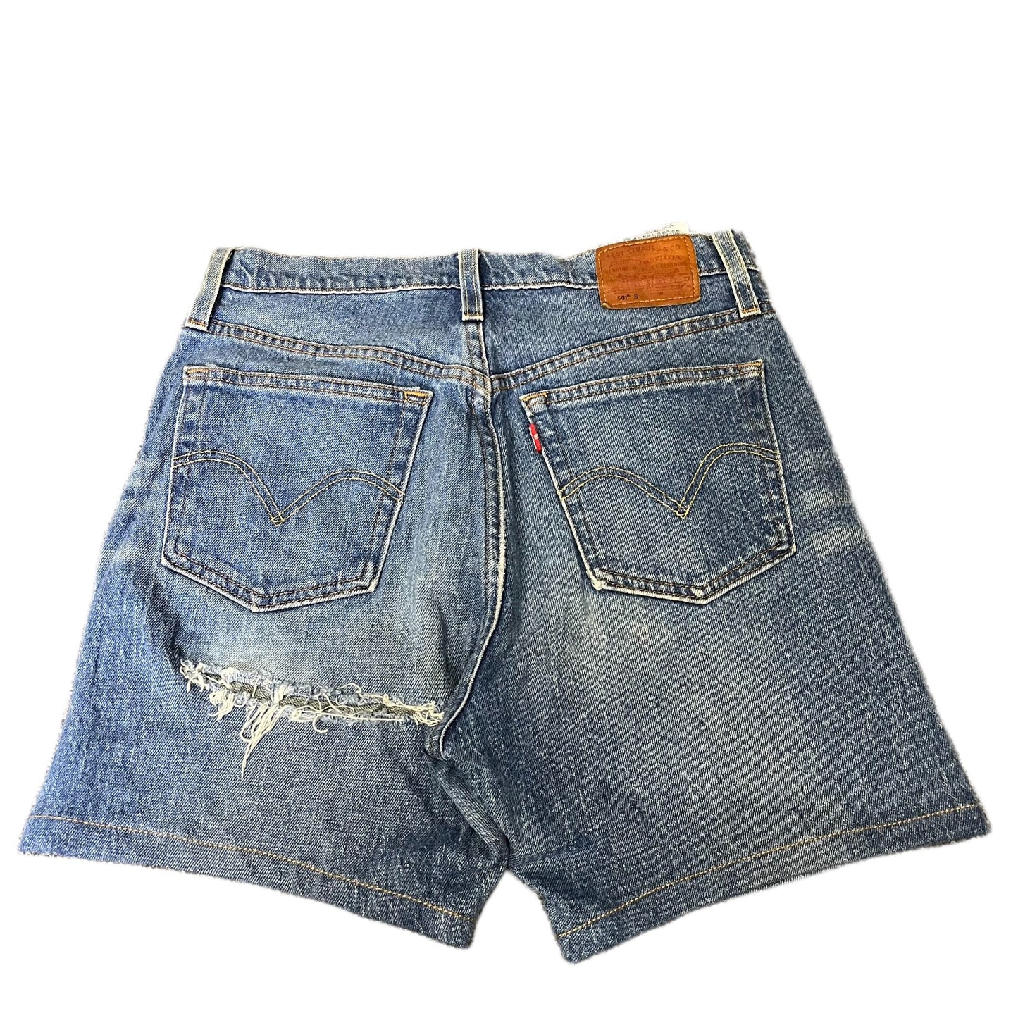 Levi's 501 Denim Shorts Womens S 29" Waist Blue Medium Wash Distressed Red Tab