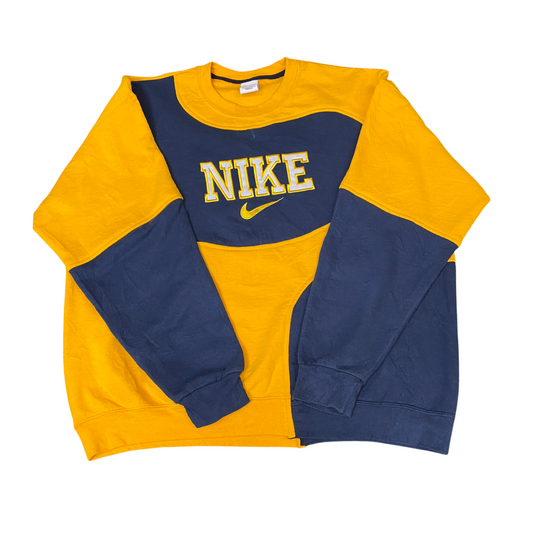 Nike Reworked Sweatshirt Mens XL Yellow Navy Embroidered Spellout Logo Vtg Y2K