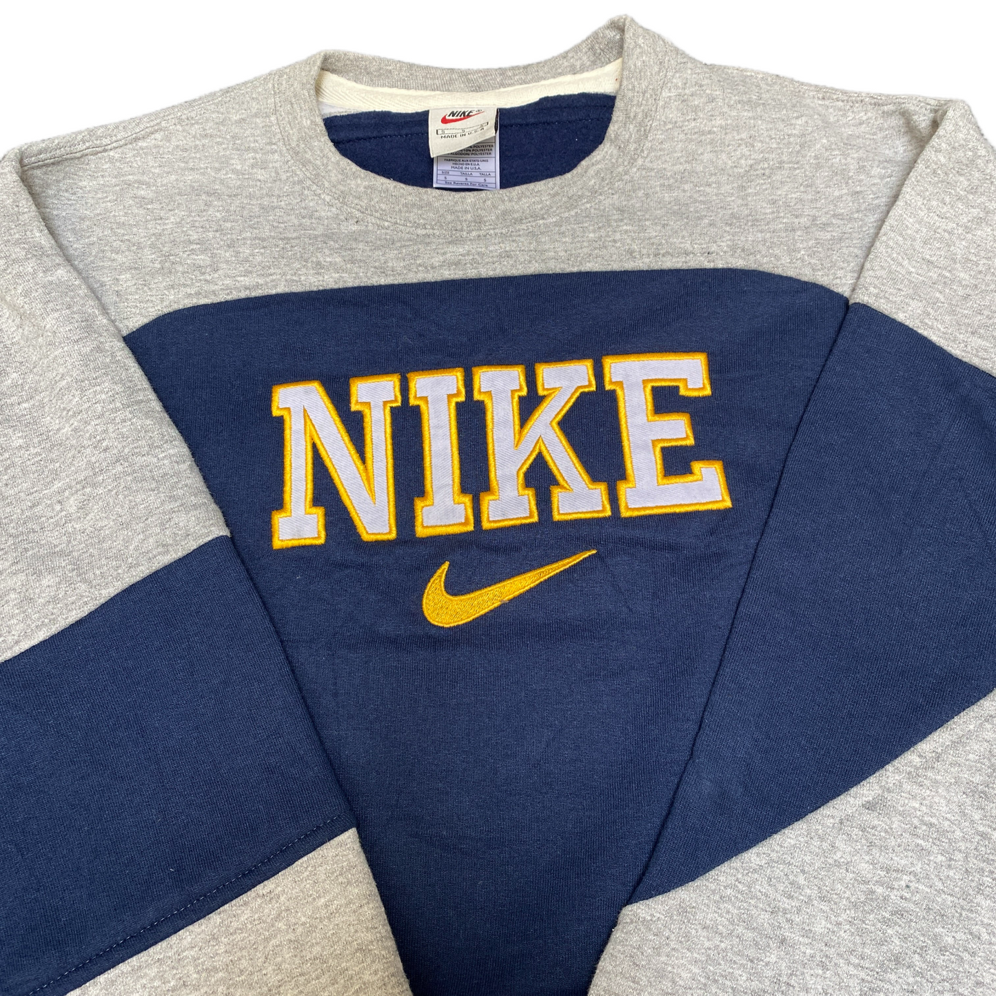 Nike Reworked Sweatshirt Mens S Grey Blue Embroidered Spellout Logo Vintage Y2K