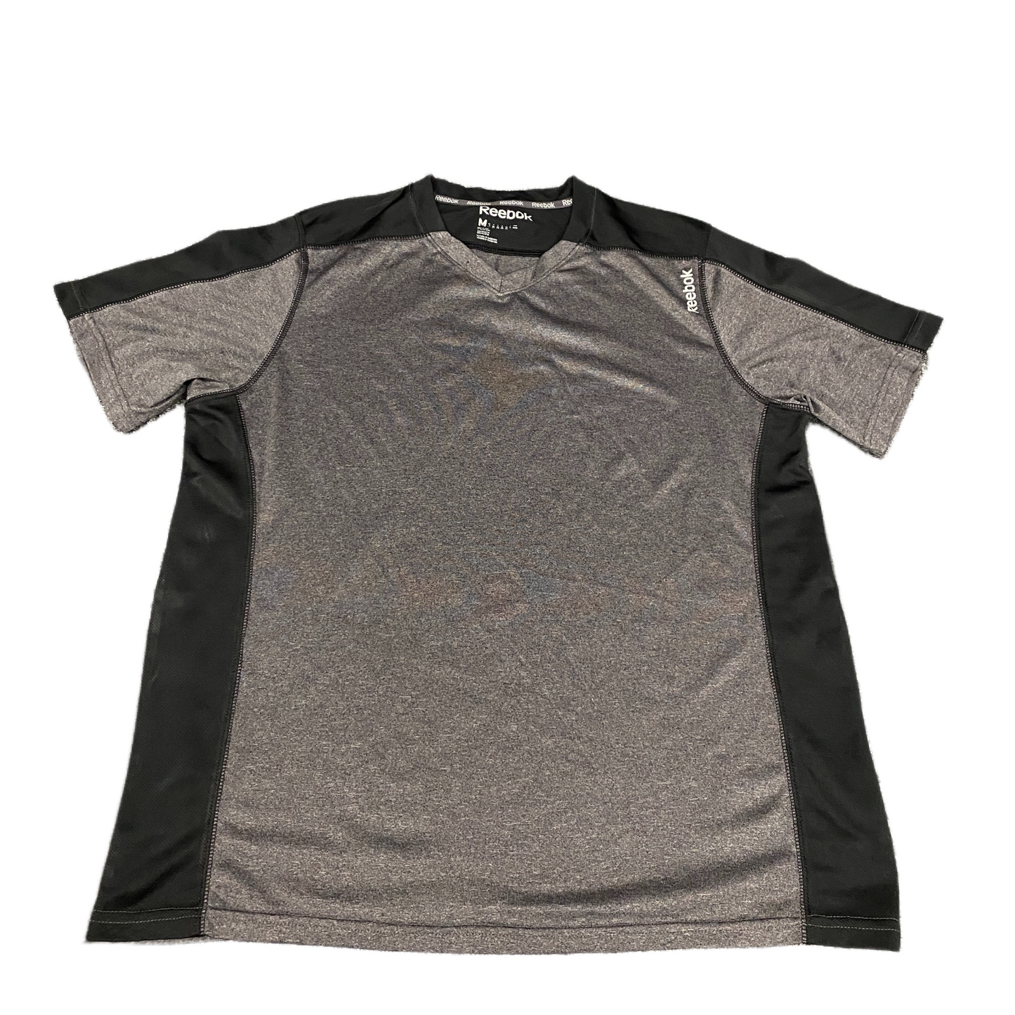 Reebok Activewear T-Shirt Mens Medium Grey Black Short Sleeve V-Neck Pullover