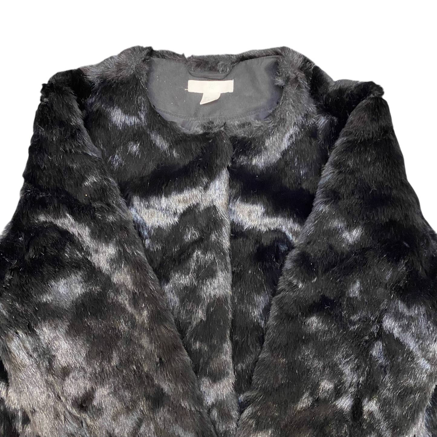 H&M Fluffy Faux Fur Jacket Womens Large Black Lined Long Sleeve Snap Button