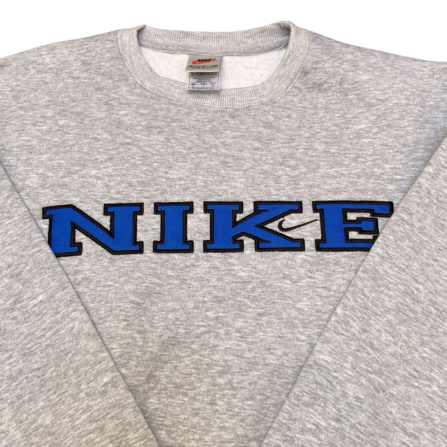 Nike Reworked Sweatshirt Mens Small Grey Embroidered Spellout Logo Crew Neck