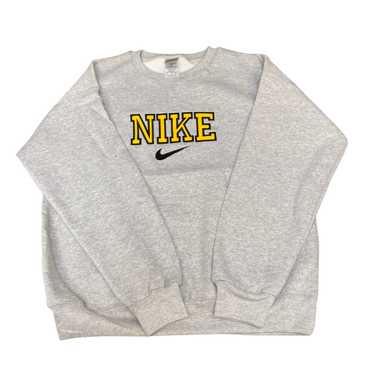 Nike Reworked Sweatshirt Mens Medium Grey Embroidered Spellout Logo Vintage Y2K