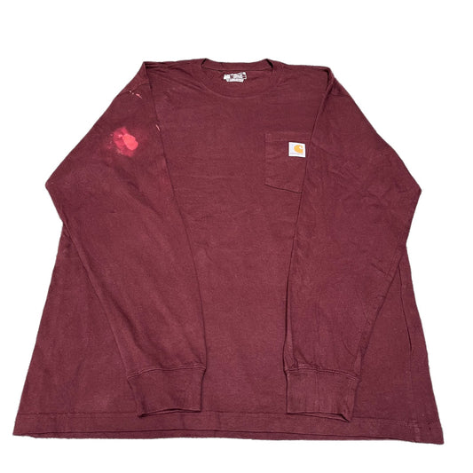 Carhartt Pocket T-Shirt Mens Large Maroon Loose Fit Long Sleeve Workwear Tee