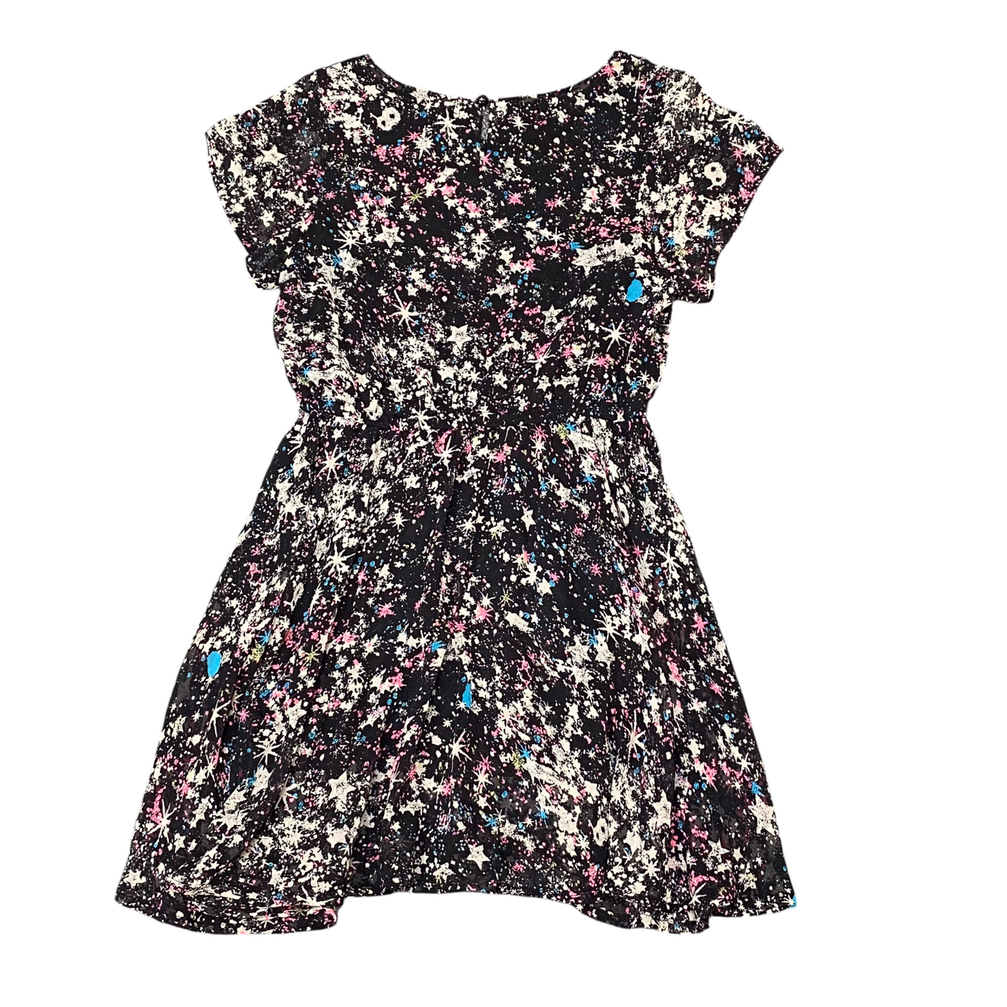 Phrase Shift Dress Womens S Black Geometric Pleated Cap Sleeve Keyhole Back