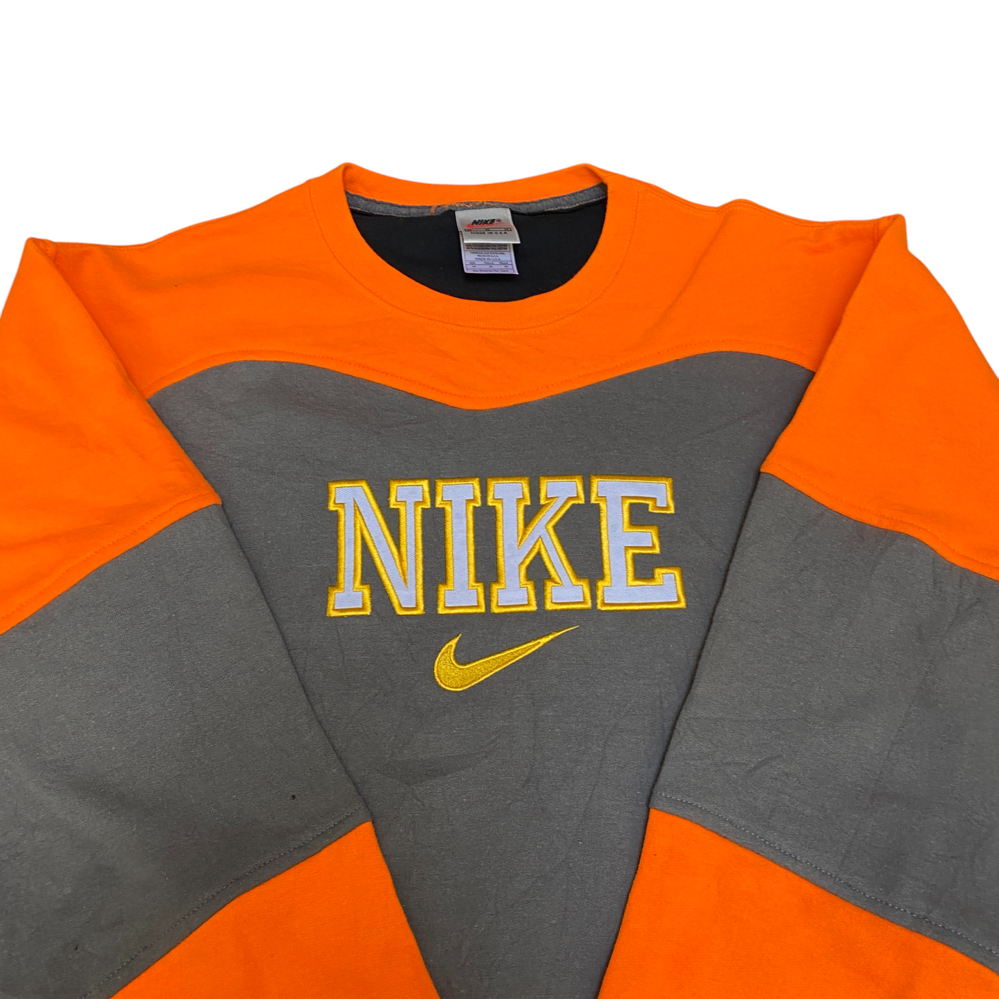 Nike Reworked Sweatshirt Men M Orange Grey Embroidered Spellout Logo Vintage Y2K