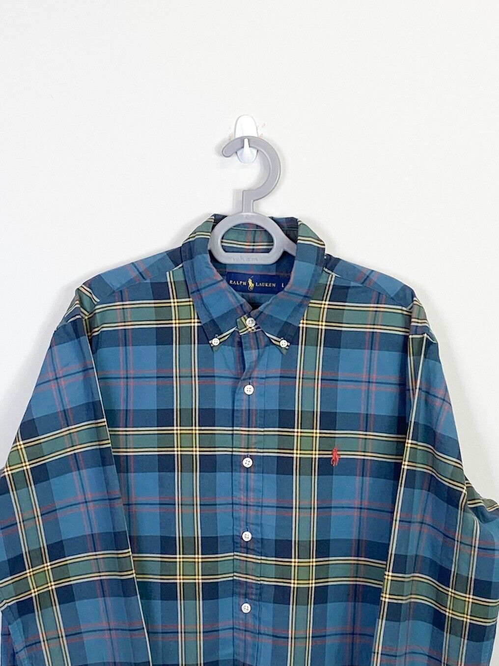 Ralph Lauren Shirt Mens Large Blue Plaid Long Sleeve Small Orange Polo Pony Logo