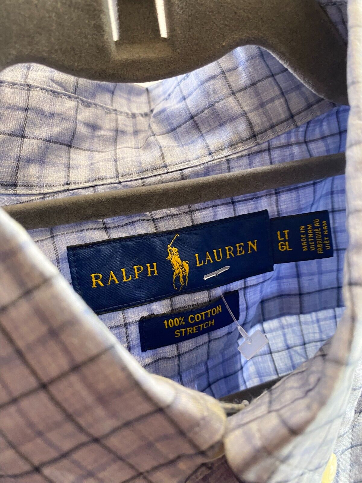 Ralph Lauren Shirt Men's LT Blue White Checkered 100% Cotton Stretch Button-Down