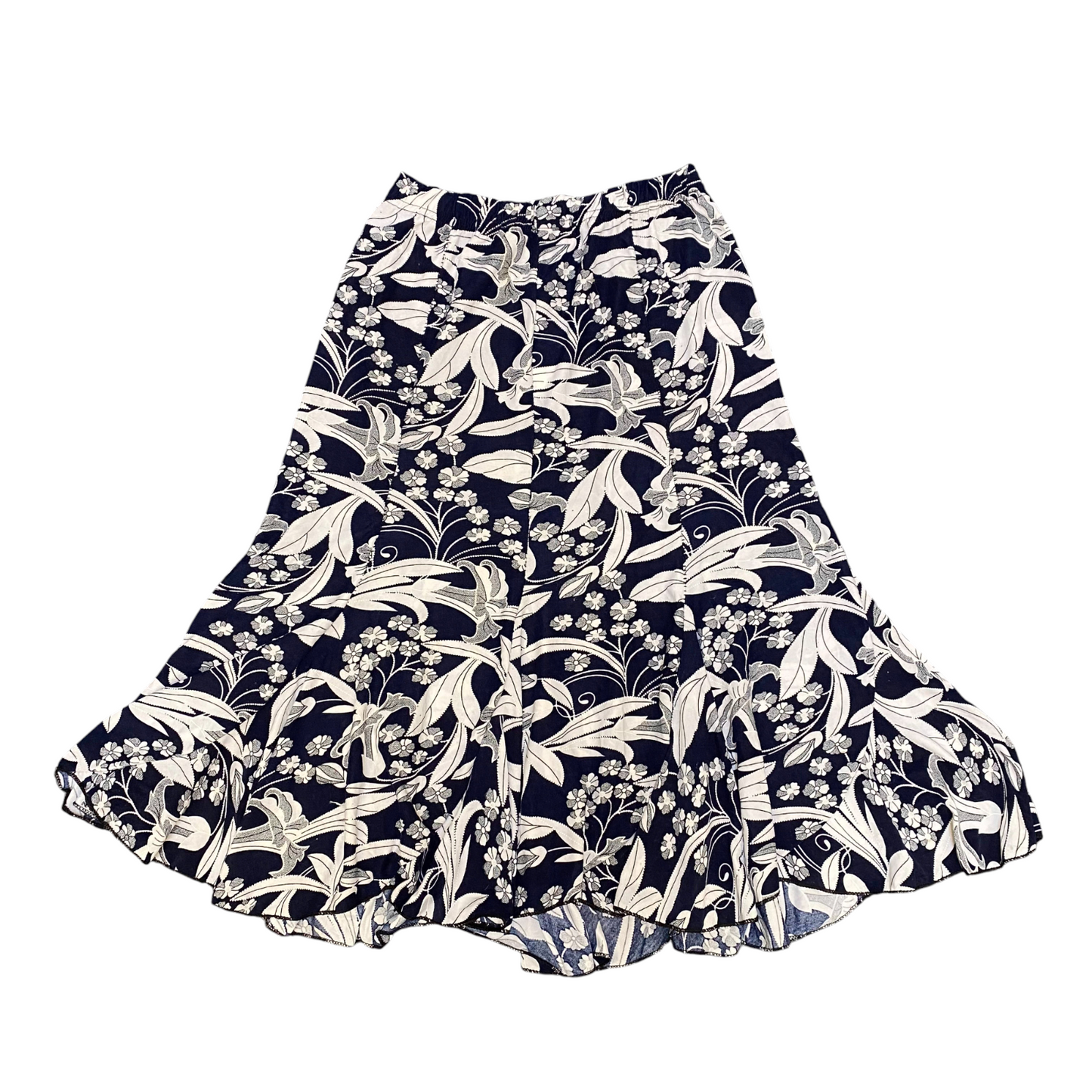Flare Skirt Womens M Blue White Floral Elastic Waist Casual Stretch Pull-On