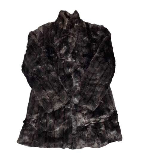 Maestro Faux Fur Coat Womens Medium Brown Black Striped Collar Hook & Eye Front