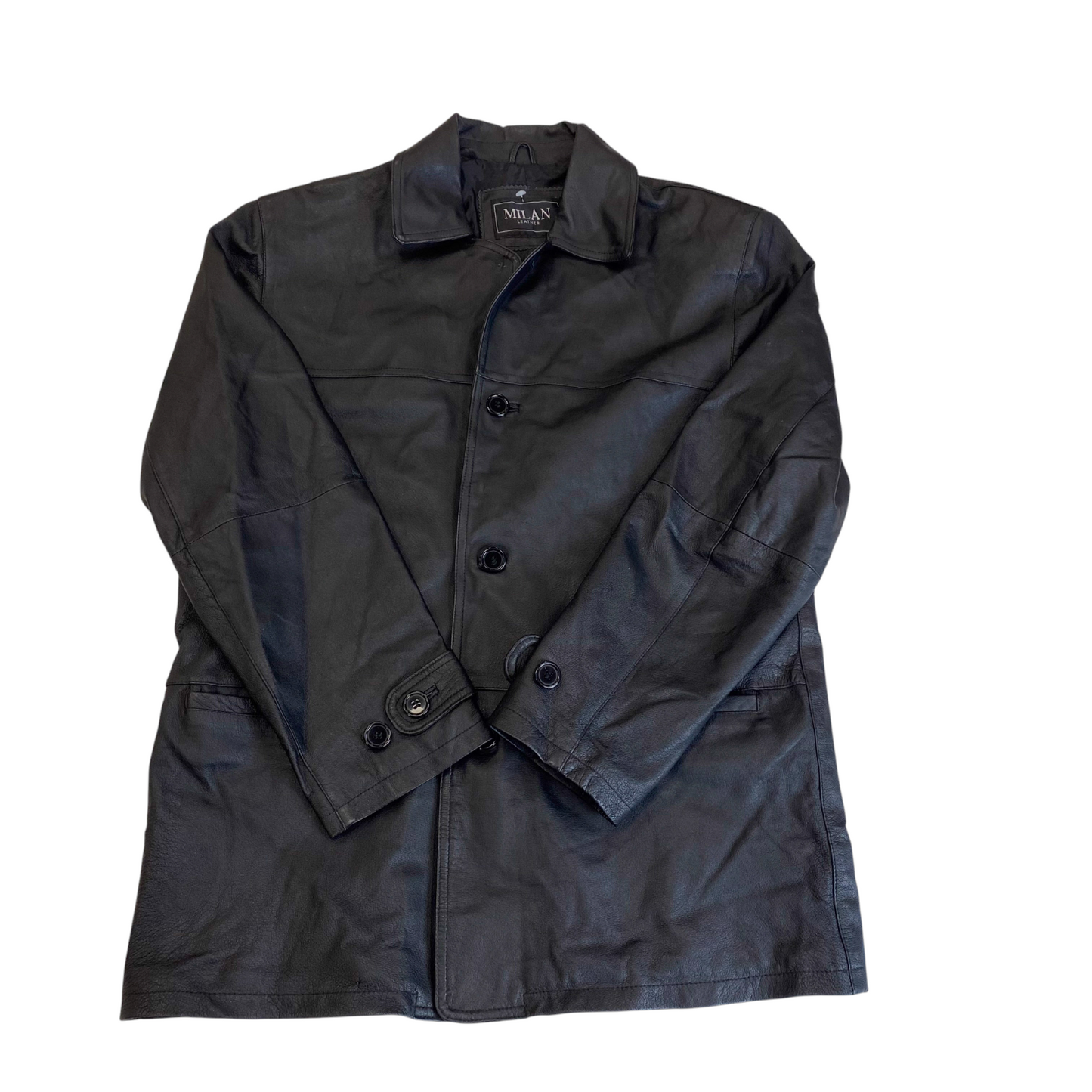 Milan Jacket Mens L Black Genuine Leather Long Sleeve Collared Button Front