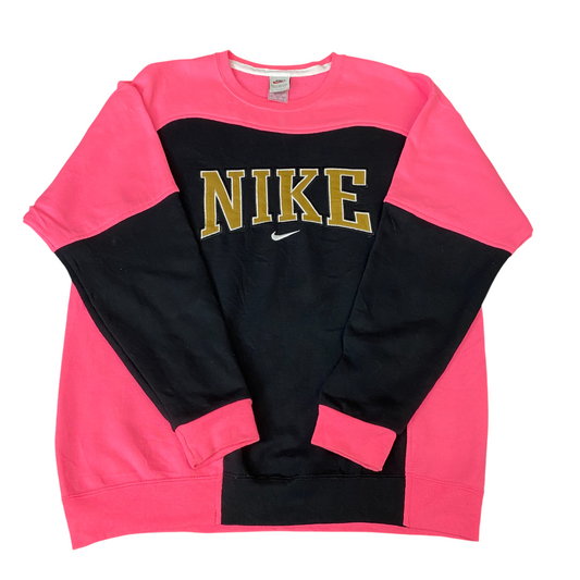 Nike Reworked Sweatshirt Mens Large Pink Black Embroidered Spellout Logo Vtg Y2K