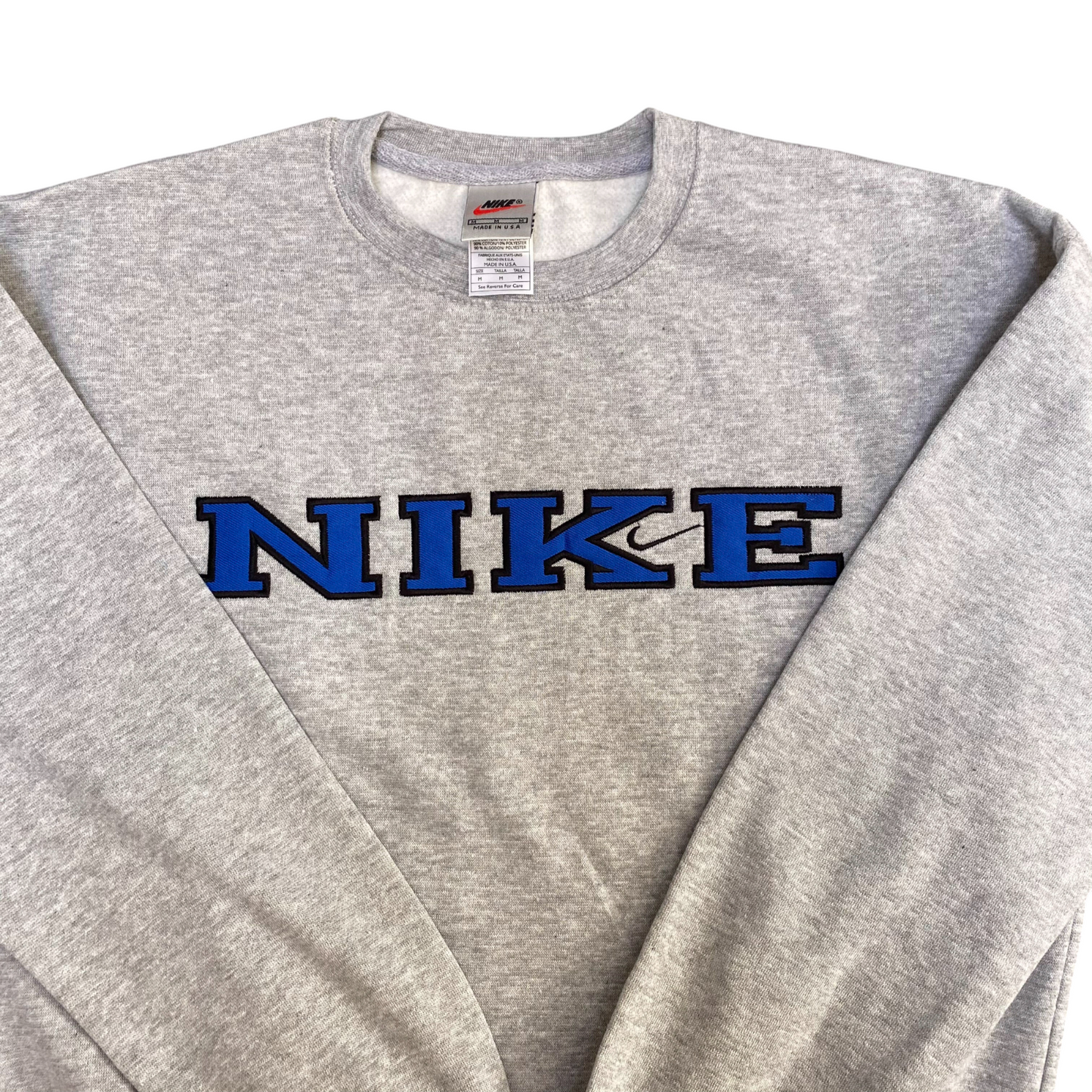 Nike Reworked Sweatshirt Mens M Grey Embroidered Spellout Logo Long Sleeve