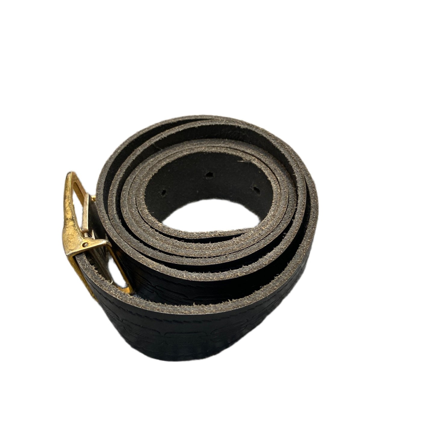 Waist Belt Mens Black Leather Adjustable J Logo Gold Tone Buckle 44 Inches