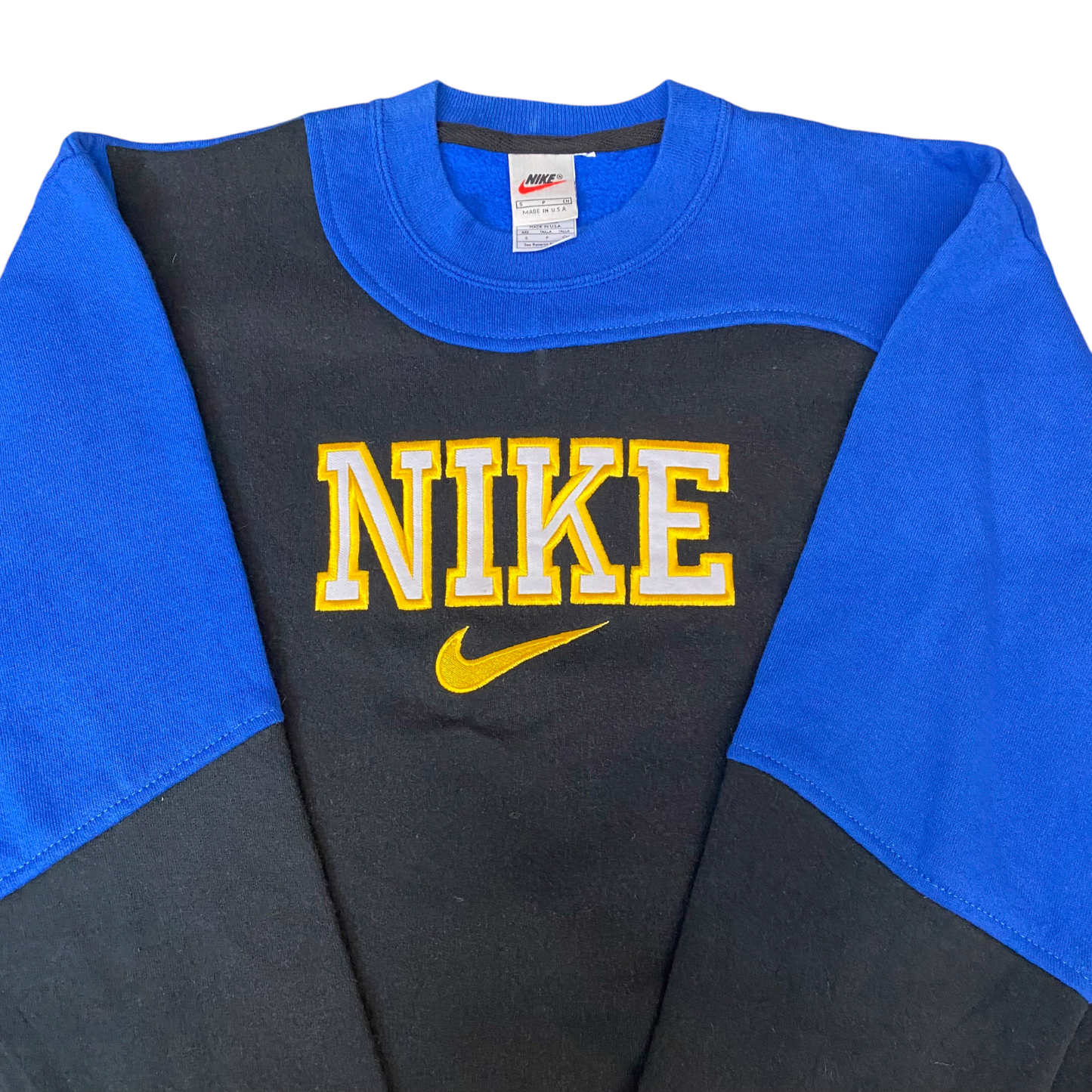 Nike Reworked Sweatshirt Mens S Blue Black Embroidered Spellout Logo Vintage Y2K