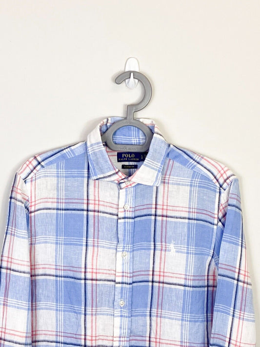 Ralph Lauren Shirt Mens Small Blue Plaid Classic Fit White Small Polo Pony Logo