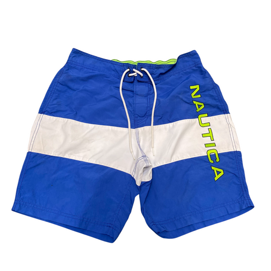 Nautica Swim Trunks Shorts Mens S Blue White Nylon Therma Fit Flat Front Lace Up